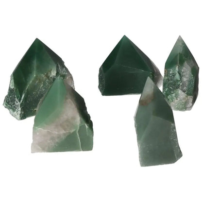 Premium Sylvia Crystals polished bi-color green quartz points, renowned for their healing properties and exquisite beauty