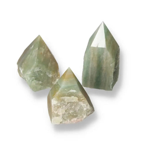 Polished Point Green Quartz with Hematite, premium Sylvia Crystals product, showcasing unique vibrant-green quartz and grounding hematite.