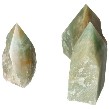 Polished Point Green Quartz with Hematite L by Sylvia Crystals, showcasing vibrant green tones and grounding hematite inclusions.