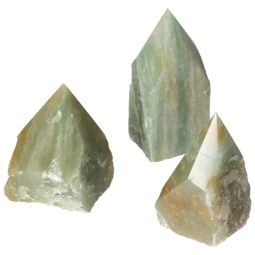 Polished Point Green Quartz with Hematite L crystals from Sylvia Crystals, showcasing vibrant green hue and unique formations.