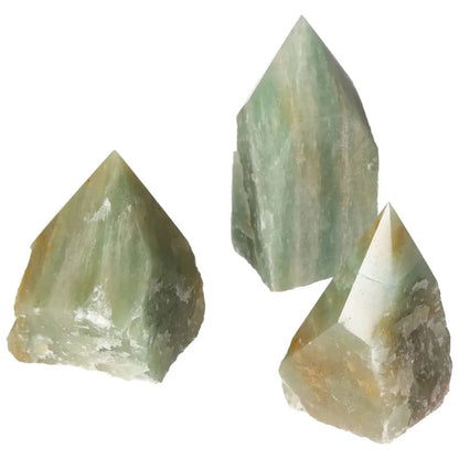 Polished Point Green Quartz with Hematite L crystals from Sylvia Crystals, showcasing vibrant green hue and unique formations.