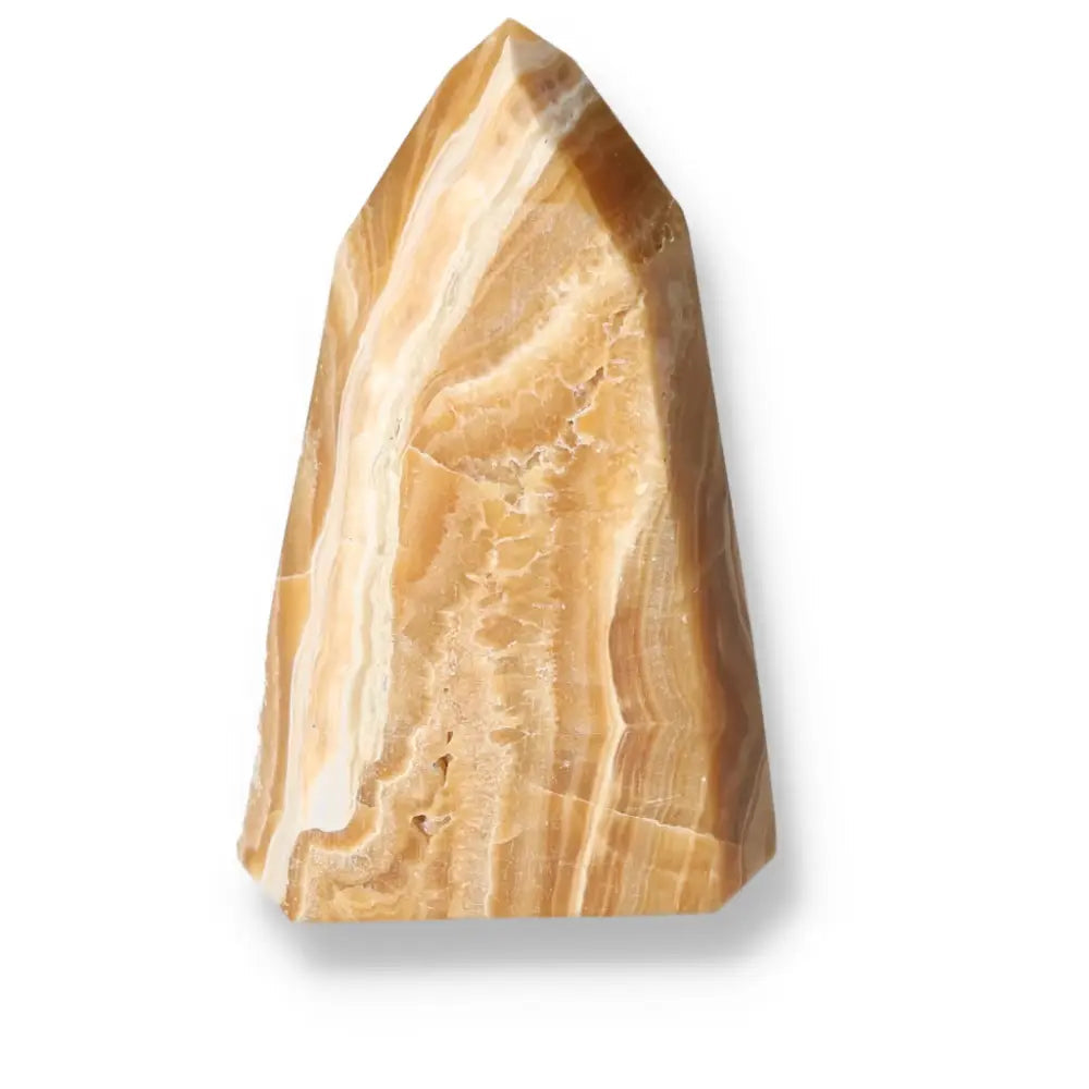 Polished Point Honey Calcite crystal with golden hues, Sylvia Crystals product for prosperity and success.