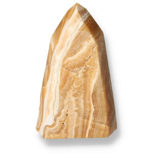 Polished Point Honey Calcite crystal with golden hues, Sylvia Crystals product for prosperity and success.