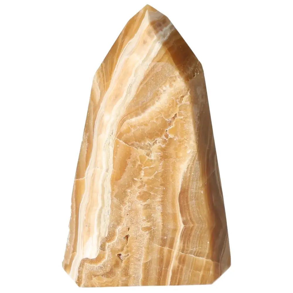 Polished Point Honey Calcite crystal with golden hues, Sylvia Crystals premium product for prosperity and abundance.