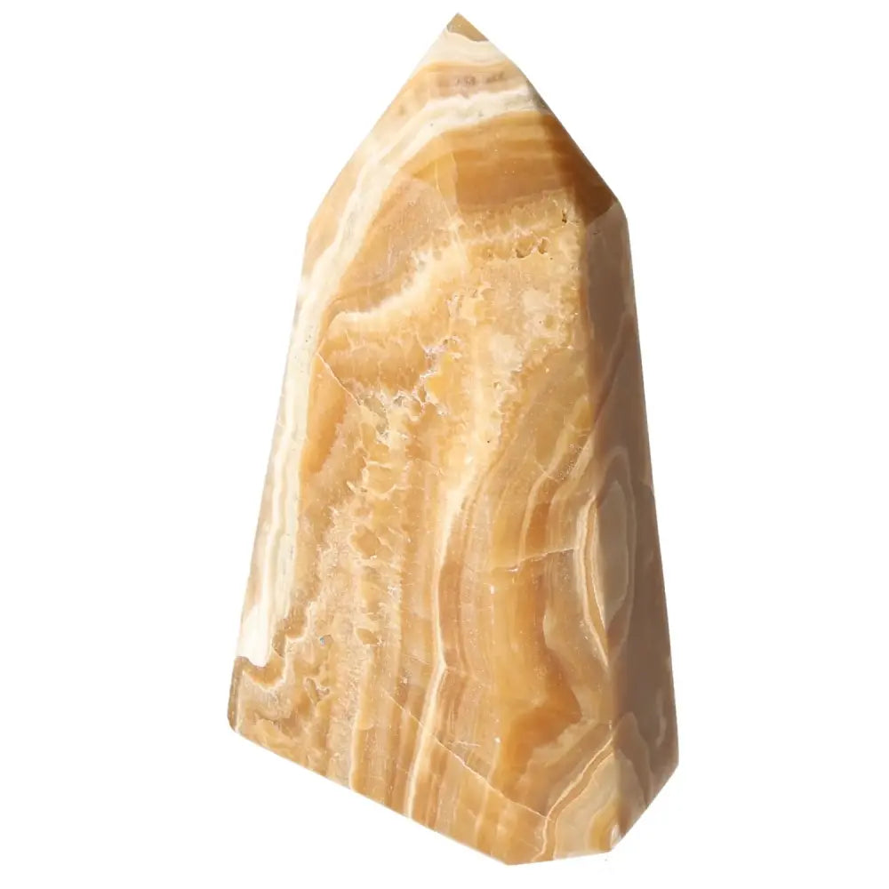 Polished Point Honey Calcite crystal with golden hues, perfect for attracting prosperity and success, from Sylvia Crystals collection.