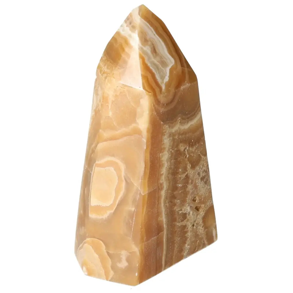 Polished Point Honey Calcite crystal with golden hues, ideal for attracting prosperity and success. Premium Sylvia Crystals product.