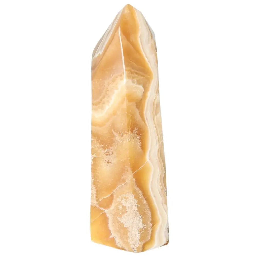 Polished Point Honey Calcite crystal with golden hues, ideal for attracting prosperity and success. Premium Sylvia Crystals product.