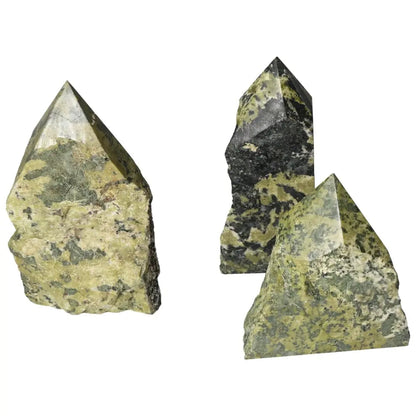Polished Point Jadeite L gemstones by Sylvia Crystals, showcasing green hues and sleek finishes, symbolizing elegance and prosperity.