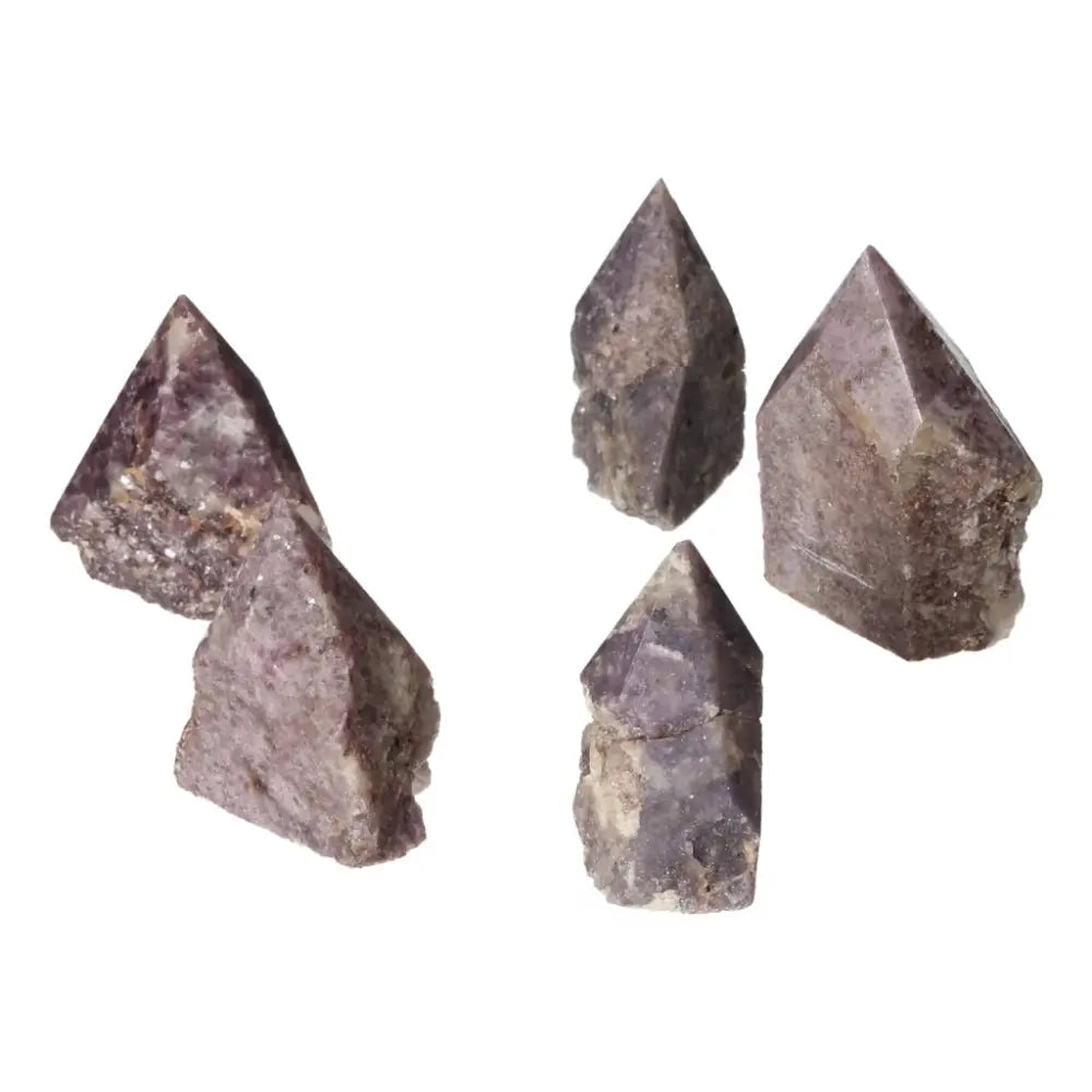 Five polished Lepidolite S crystals from Sylvia Crystals showcasing their tranquil, calming properties for anxiety relief and emotional balance.
