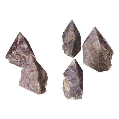 Five polished Lepidolite S crystals from Sylvia Crystals showcasing their tranquil, calming properties for anxiety relief and emotional balance.