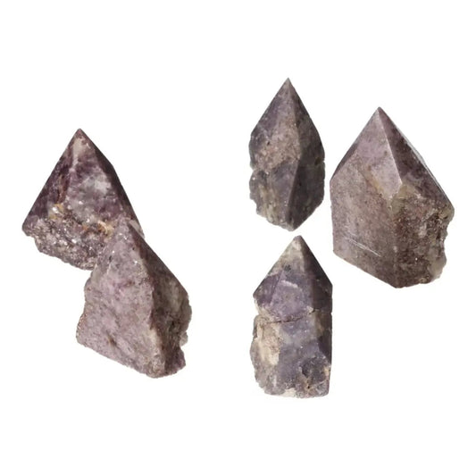 Five polished Lepidolite S crystals from Sylvia Crystals showcasing their tranquil, calming properties for anxiety relief and emotional balance.