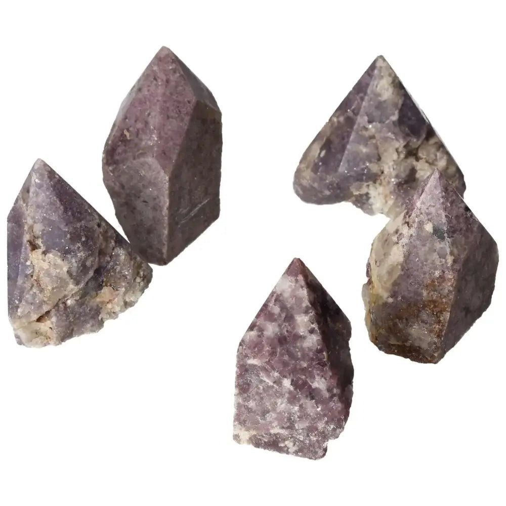 Polished Point Lepidolite S gemstones from Sylvia Crystals showcasing calming properties and elegant design in a serene arrangement.