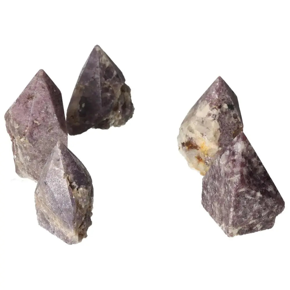 Polished Point Lepidolite S gemstones from Sylvia Crystals, showcasing tranquil, calming properties and elegant purple hue.