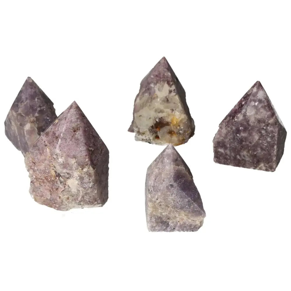 Polished Point Lepidolite S gemstones displaying serene elegance and calming properties from Sylvia Crystals.