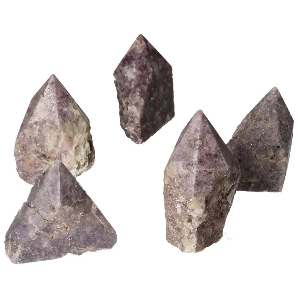 Five polished Lepidolite crystal points with a purple hue, perfect for enhancing tranquility and emotional balance in any setting.