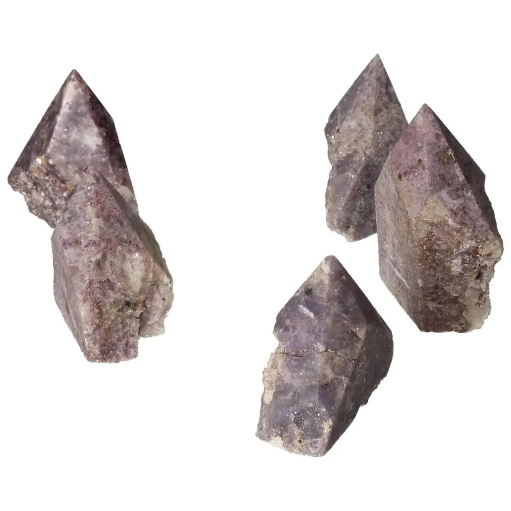 Four polished Point Lepidolite crystals from Sylvia Crystals, showcasing their calming purple hue and natural beauty.