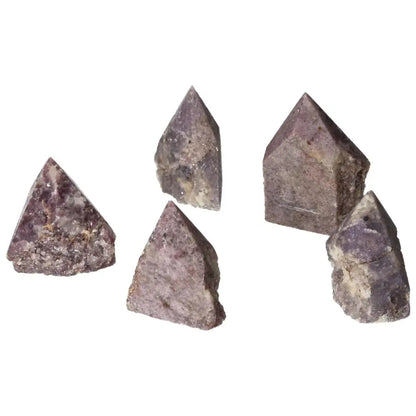 Polished Point Lepidolite S gemstones presented as calming, anxiety-reducing crystals from Sylvia Crystals, perfect for emotional balance.