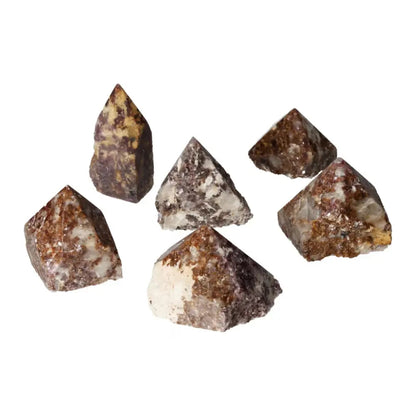 Polished Point Lepidolite crystals by Sylvia Crystals, offering peace and emotional balance with a luxurious and spiritual design.