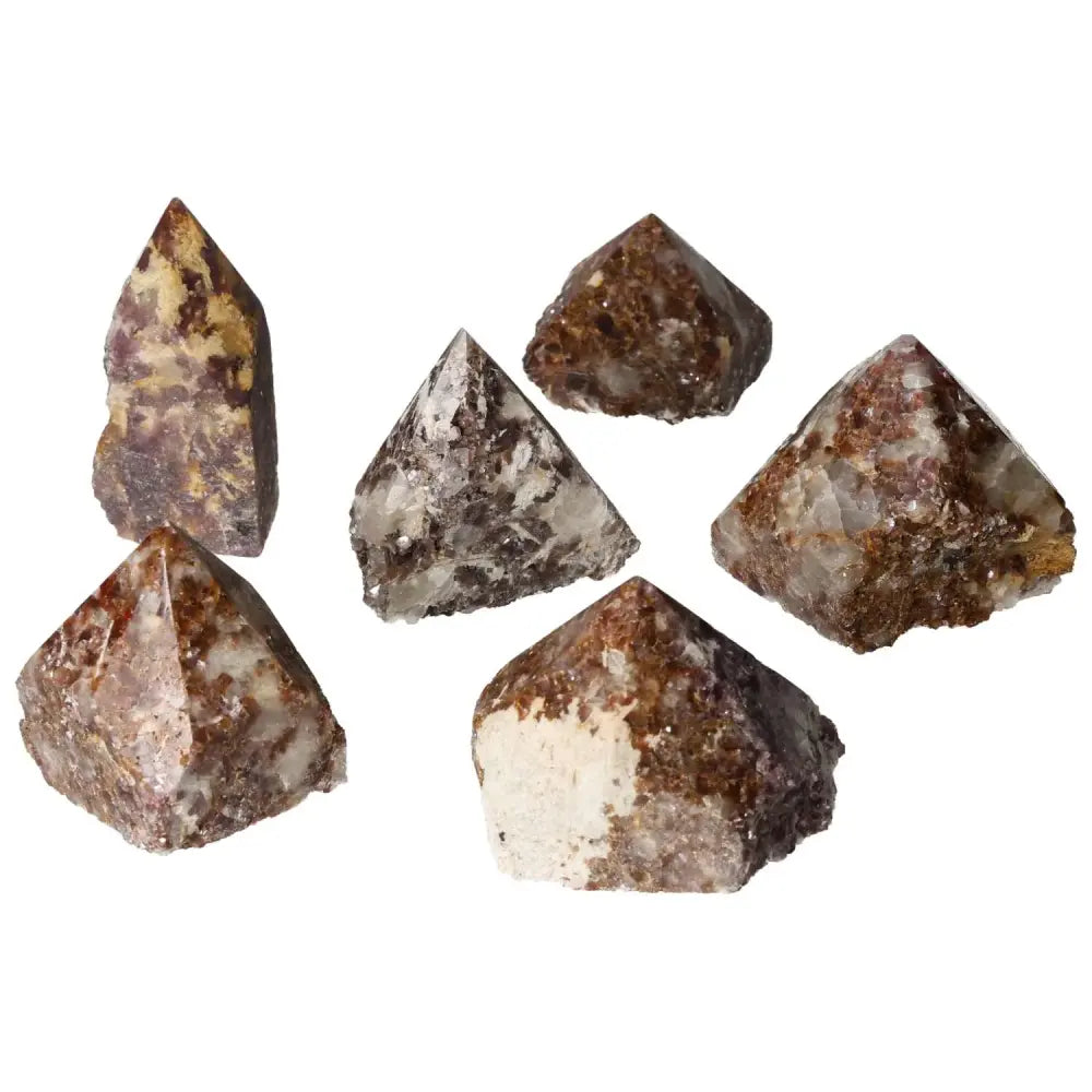 Collection of six polished point lepidolite crystals showcasing unique patterns and colors, ideal for peace and emotional balance from Sylvia Crystals.