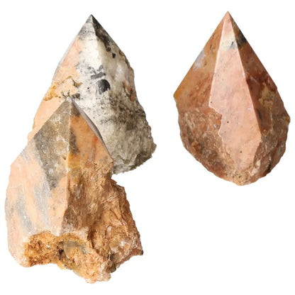 Three polished Orquidea Calcite points showcasing unique patterns and colors, enhancing decor and spiritual energy.