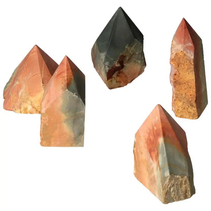 Polished Point Polychrome Jasper stones in vibrant colors, selected by Sylvia Crystals for luxury and quality, also known as Desert Jasper.