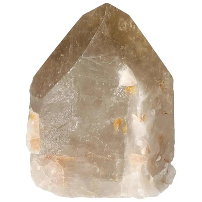 Polished Point Quartz crystal from Sylvia Crystals, ideal for mental clarity and spiritual harmony, featuring grounding Smoky Quartz.
