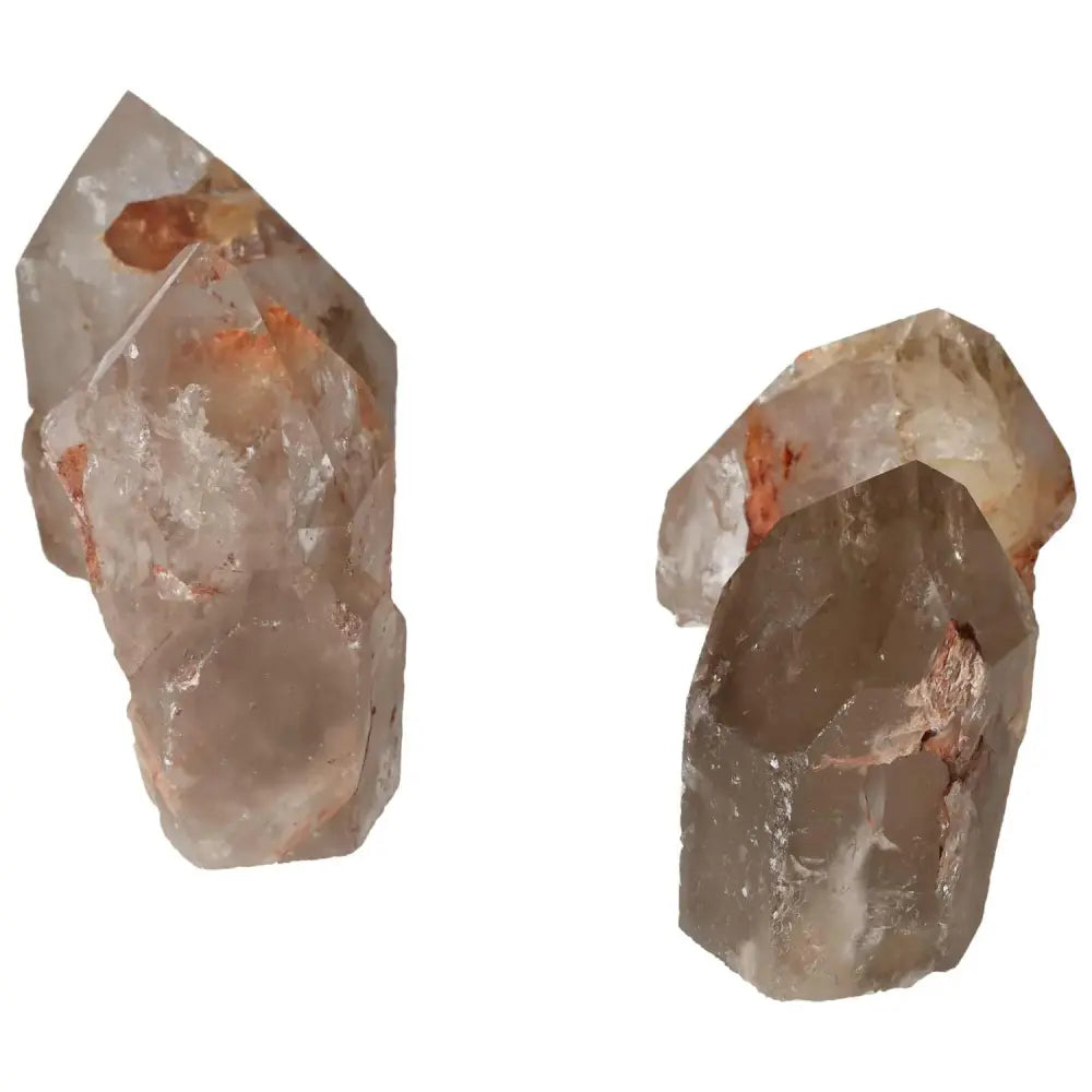 Polished point quartz with hematite crystals, showcasing premium craftsmanship and spiritual benefits from Sylvia Crystals.