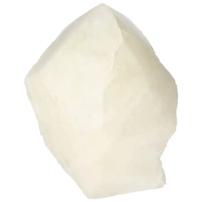 White polished quartz crystal with angular shape on a white background.