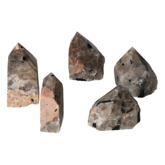 Polished Point Quartz with Tourmaline gemstones showcasing unique black inclusions, a premium Sylvia Crystals collection item.