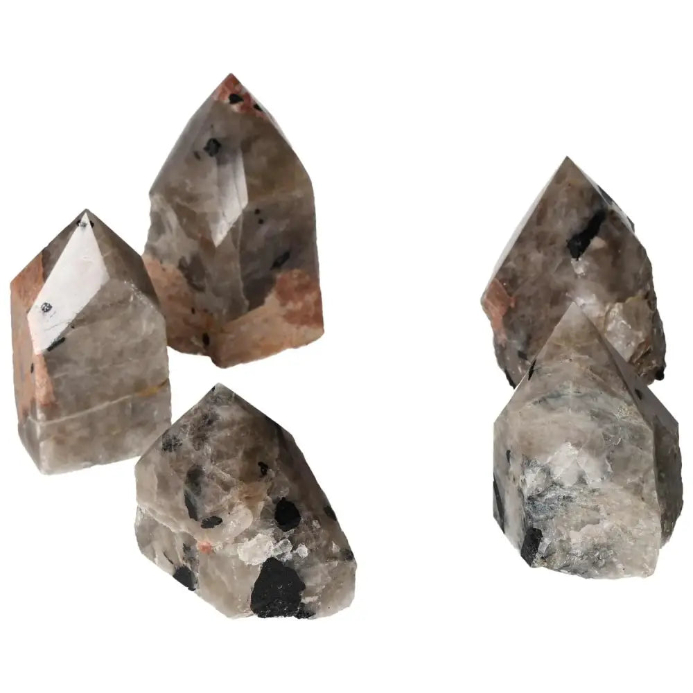 Polished Point Quartz with Tourmaline: Unique clear quartz crystal with black tourmaline inclusions by Sylvia Crystals.