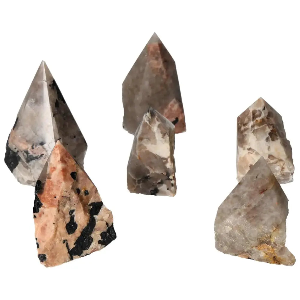 Polished Point Quartz with Tourmaline S crystals featuring unique black tourmaline patterns, a luxury gem from Sylvia Crystals.