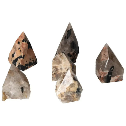 Polished Point Quartz With Tourmaline S, featuring striking linear tourmaline patterns, symbolizing luxury and elegance from Sylvia Crystals.