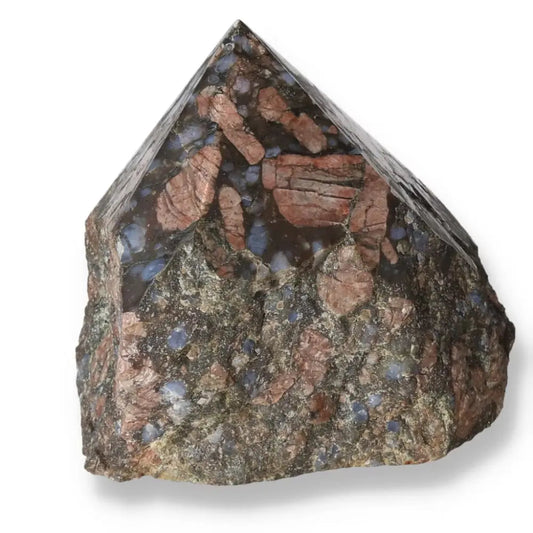Polished Point Rhyolite crystal with pink, green, brown, and gray hues, from Sylvia Crystals, showcasing natural speckles and banding.