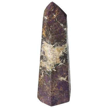 Polished Purpurite Obelisk with rich purple hues from Sylvia Crystals, blending spirituality with modern design elegance.