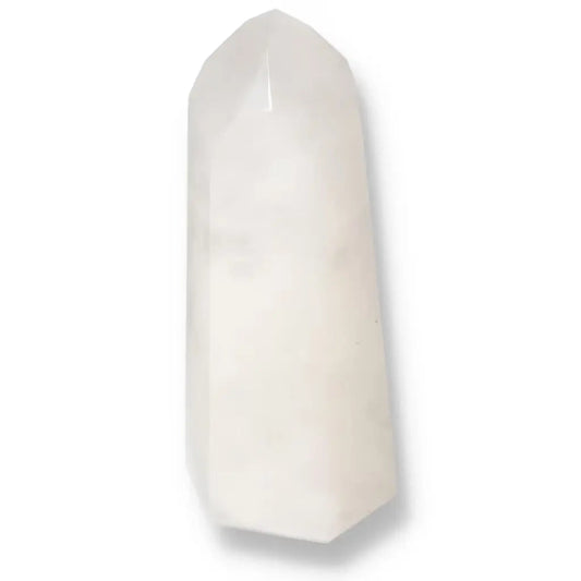 Polished Quartz Milky Obelisk by Sylvia Crystals, elegant decor with spiritual energy properties, enhancing tranquility in your space.