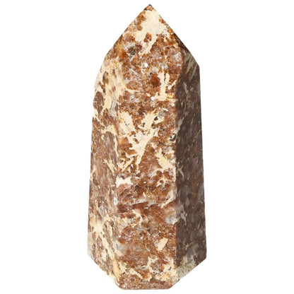 Polished Quartz with Calcite Obelisk, handpicked by Sylvia Crystals, showcasing luxury and spiritual elegance in natural stone art