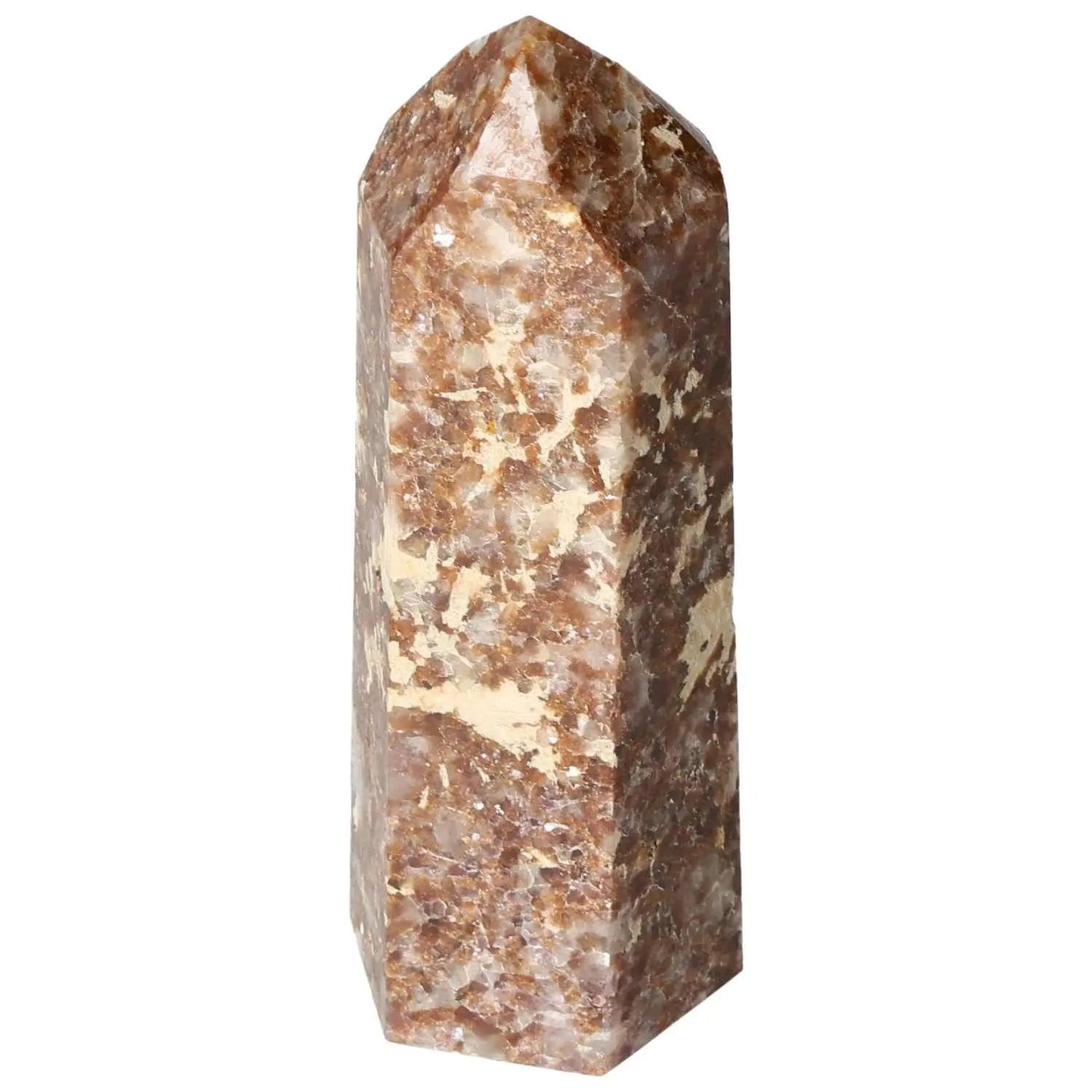 Polished Quartz and Calcite Obelisk with brown and beige hues, symbolizing spiritual growth from Sylvia Crystals.