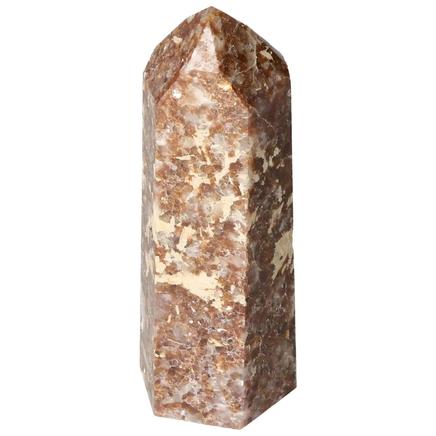 Polished Quartz and Calcite Obelisk with brown and beige hues, symbolizing spiritual growth from Sylvia Crystals.