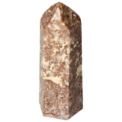 Polished Quartz and Calcite Obelisk with brown and beige hues, symbolizing spiritual growth from Sylvia Crystals.