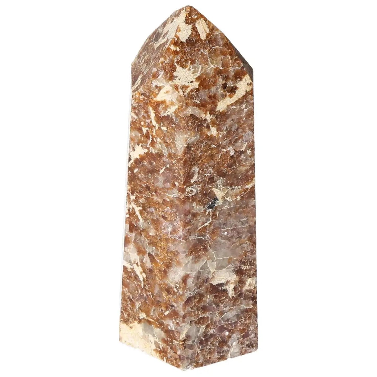 Polished quartz with calcite obelisk from Sylvia Crystals, showcasing brilliant quartz and elegant calcite blend. Ideal for luxury decor.
