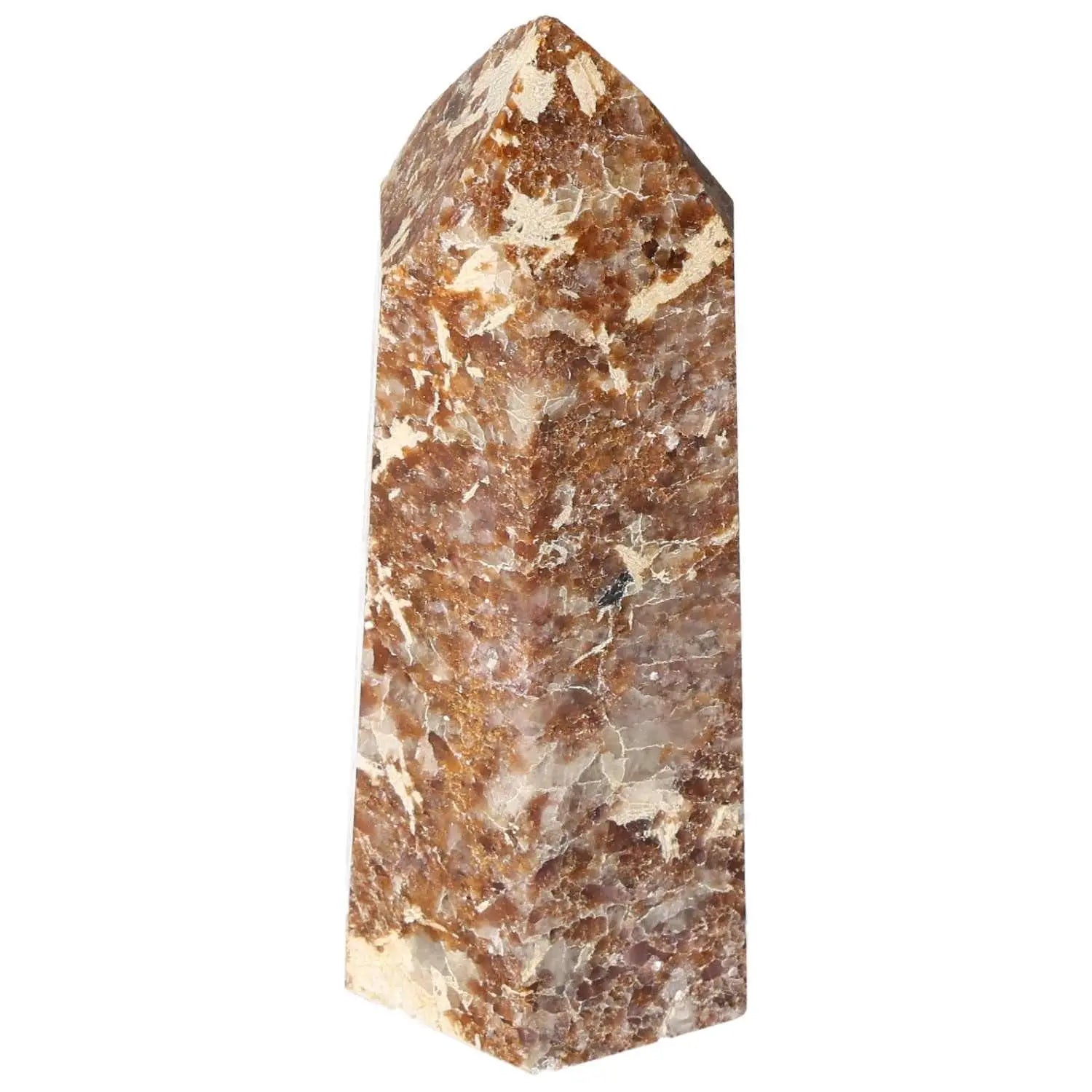 Polished quartz with calcite obelisk from Sylvia Crystals, showcasing brilliant quartz and elegant calcite blend. Ideal for luxury decor.