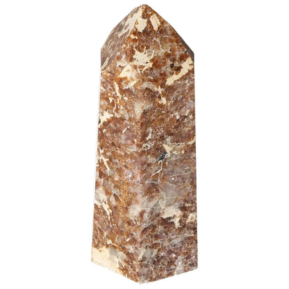 Polished quartz with calcite obelisk from Sylvia Crystals, showcasing brilliant quartz and elegant calcite blend. Ideal for luxury decor.