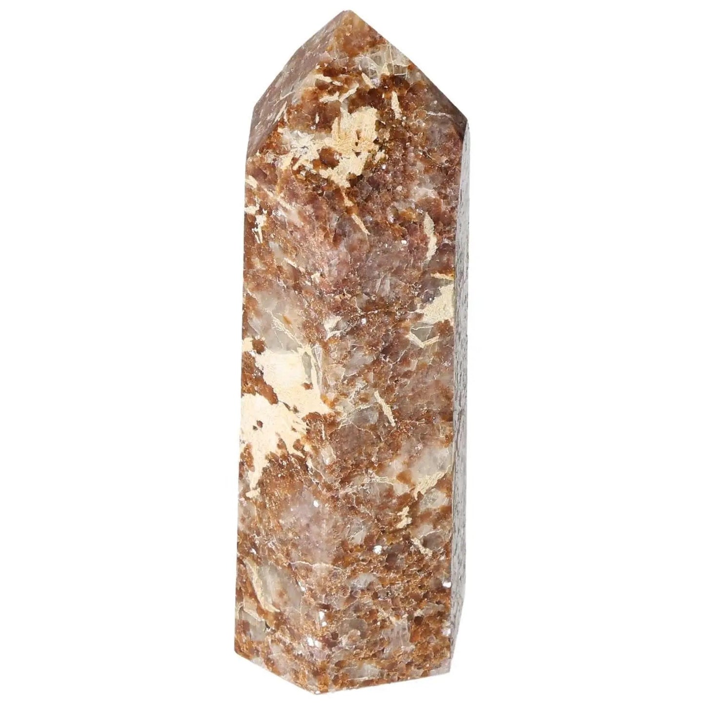 Polished Quartz with Calcite Obelisk from Sylvia Crystals, symbolizing spiritual growth and mindfulness. Premium crystal decor.