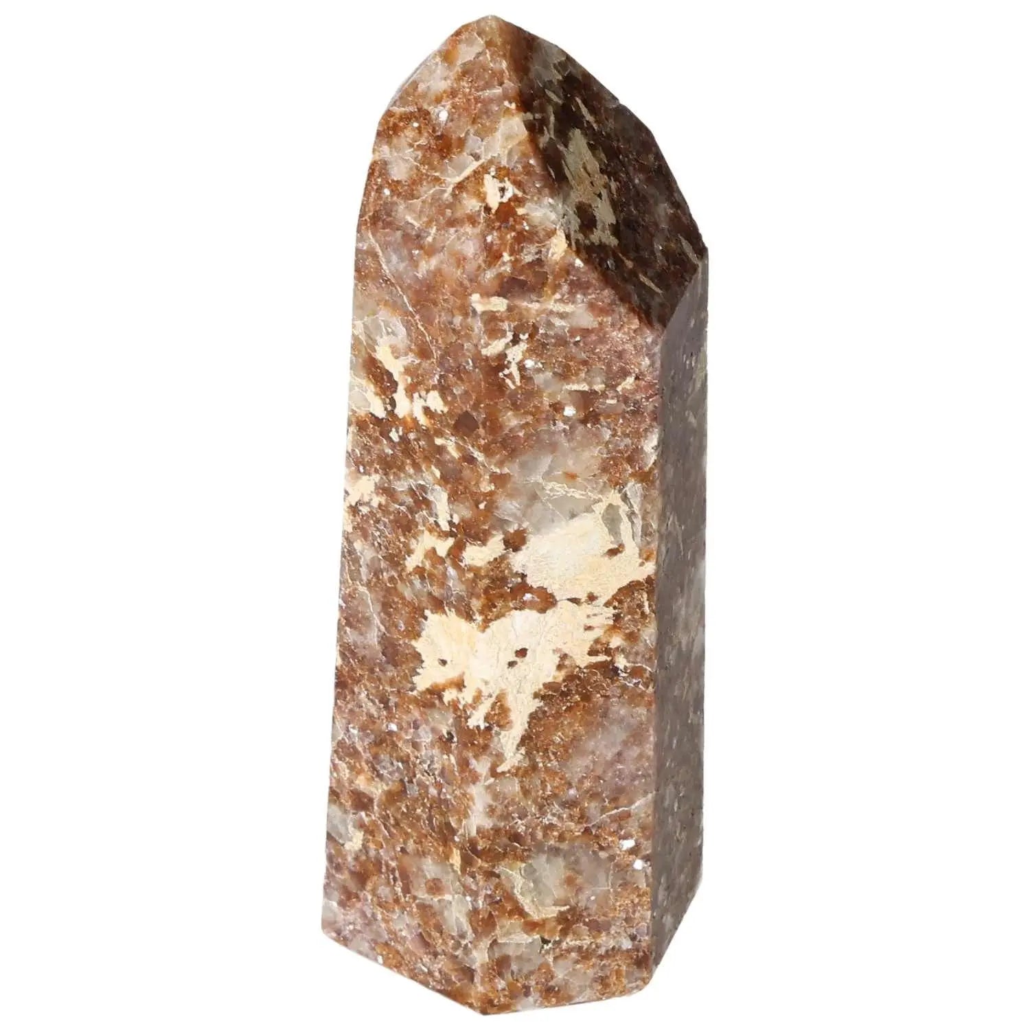 Polished Quartz and Calcite Obelisk from Sylvia Crystals, symbolizing spiritual growth and mindfulness with elegant design.