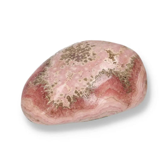 Polished Rhodochrosite gemstone with pink hues and red-white bands, symbolizing love and compassion from Sylvia Crystals.