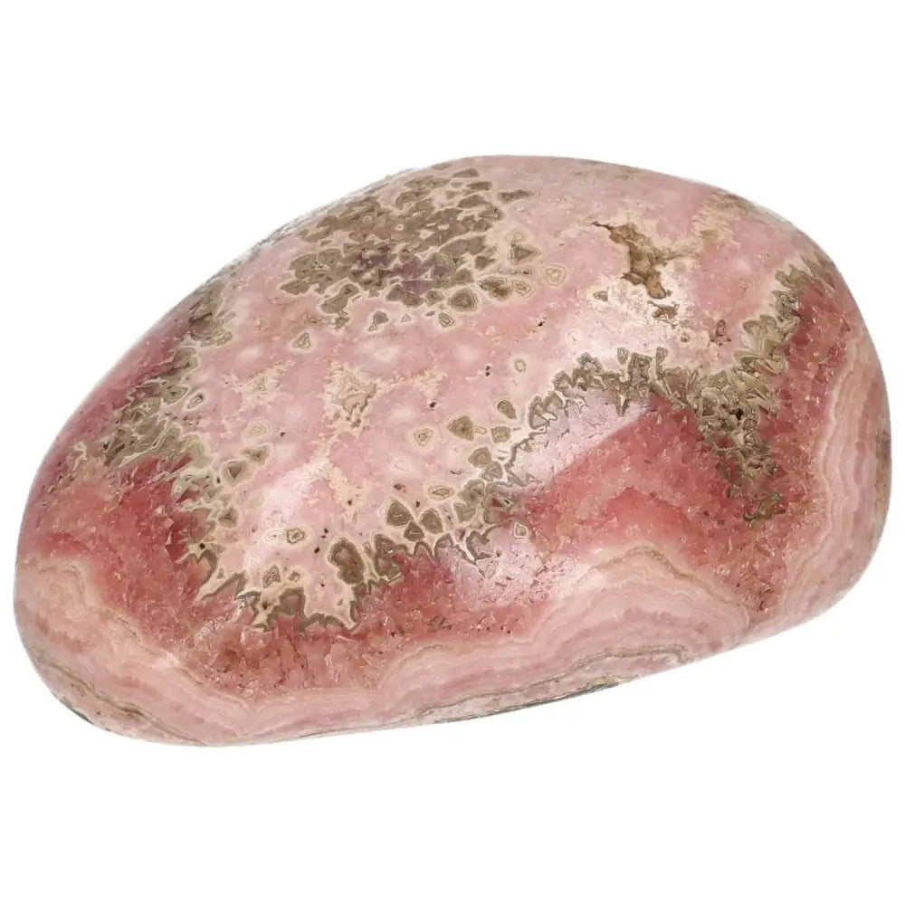 Polished Rhodochrosite gemstone with vibrant pink hues and unique banding, symbolizing love and compassion from Sylvia Crystals.
