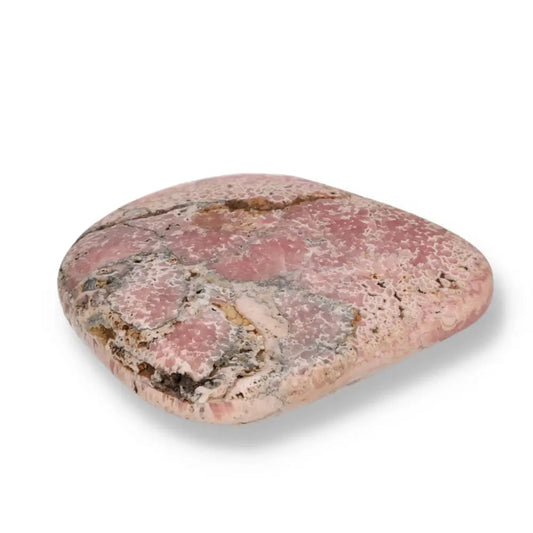Polished Rhodochrosite gemstone with pink hues and delicate banding, premium quality from Sylvia Crystals. Enhance spiritual well-being with this gem.