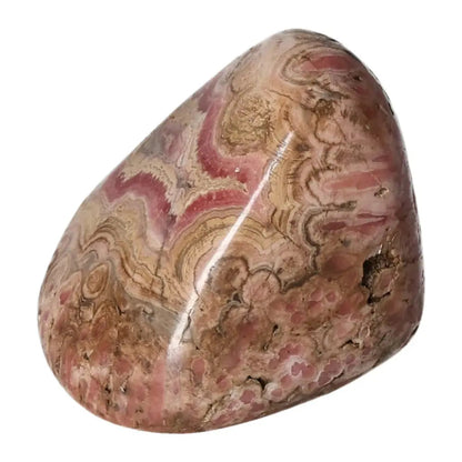 Polished Rhodochrosite gemstone with vibrant pink hues and delicate banding, highlighting its beauty as a symbol of love and compassion.