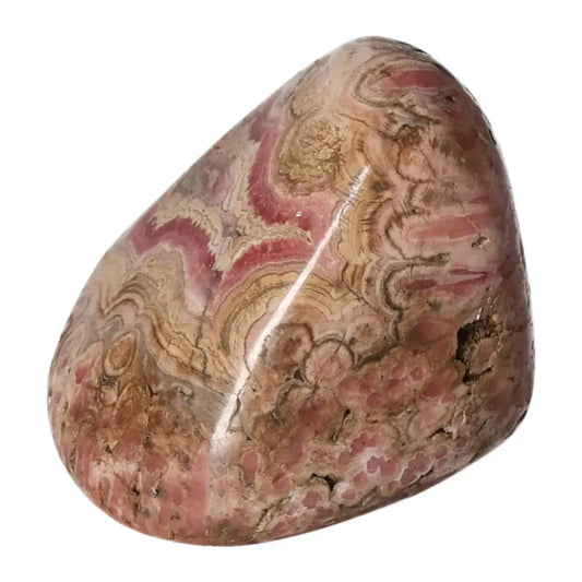 Polished Rhodochrosite gemstone with vibrant pink hues and delicate banding, highlighting its beauty as a symbol of love and compassion.