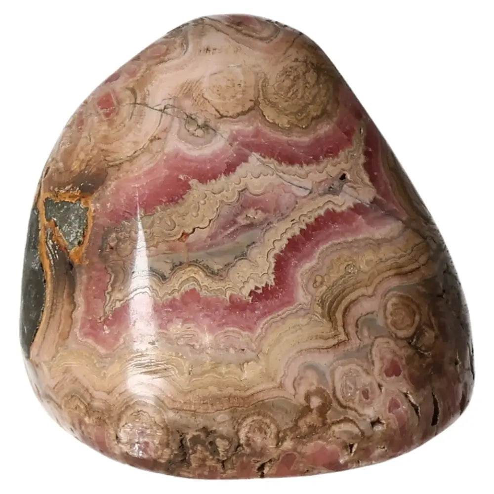 Polished Rhodochrosite gemstone with vibrant pink hues and delicate banding, known for love and compassion, from Sylvia Crystals.